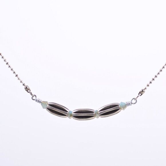 Silver Bar Necklace with Three Tubular Rice Beads - Picture 5 of 5